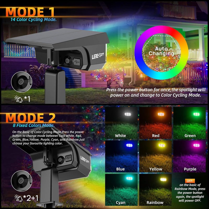 LEREKAM أضواء خارجية شمسية، 40 مصباح LED بتغيير الألوان RGB، أضواء مسار شمسية متعددة الألوان، تعمل بالطاقة الشمسية وUSB، 14 لونًا بتغيير تلقائي للألوان للحديقة، حزمة من 2 - Image 5